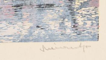 Mészáros Imre (1947-): Házak a vízparton. Színes linómetszet, papír, jelzett, kartonra kasírozva, la...