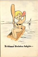 Hullámzó Balaton tetején, kézzel rajzolt finoman erotikus képeslap