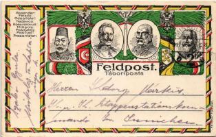 1917 Első világháborús tábori postai levelezőlap a Központi Hatalmak uralkodóival: V. Mehmed, I. Ferdinánd, II. Vilmos, I. Ferenc József / WWI Austro-Hungarian K.u.K. military field postcard, Viribus Unitis and Central Powers propaganda: Mehmed V, Ferdinand I of Bulgaria, Wilhelm II, Franz Joseph I of Austria. Feldpostkarte