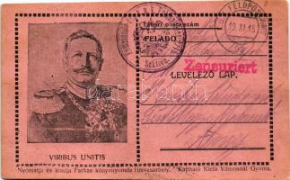 1915 Első világháborús tábori postai levelezőlap: II. Vilmos, Viribus Unitis / WWI Austro-Hungarian K.u.K. military field postcard, Viribus Unitis propaganda: Wilhelm II. Feldpostkarte
