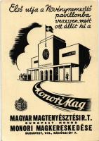 Első útja a Növénynemesítő pavilonba vezessen, mert ott állít ki a Monori Mag! Magyar Magtenyésztési R.T. Monori Magkereskedése reklámlapja / Hungarian seed breeder company advertising card (EB)