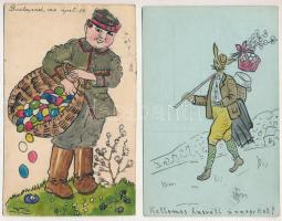 2 db RÉGI kézzel rajzolt egyedi húsvéti üdvözlő képeslap / 2 pre-1945 hand-drawn custom made Easter greeting postcards