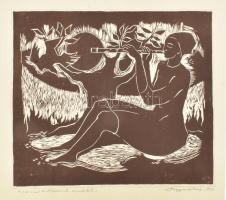 Szappanos István (1945-): Furulyázó. Linómetszet, papír, kartonra kasírozva, jelzett. 24x27,5 cm