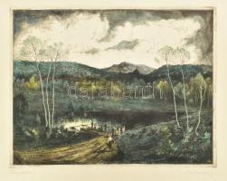 Marich Géza (1913-1985): Folyóparton. Színezett rézkarc, papír, jelzett, lapszéli apró foltokkal, 29×40 cm