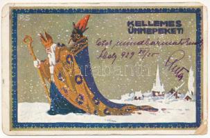 1929 Kellemes Ünnepeket! Krampusz és Mikulás. Kiadja Rigler József Ede rt. / Krampus and Saint Nicholas greeting art postcard s: P.S. (EK)