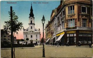 1927 Kecskemét, Római katolikus templom, Moskovits cipőgyár üzlete, Adriai biztosító társulat főügynöksége. Vasúti levelezőlapárusítás 37. 1916.