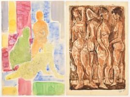 Durkó Gábor (1916-2003), 2 db mű: Női aktok és csoportkompozíció. Monotípia, papír, női aktok akt jelzett és apró lapszéli szakadásokkal, 42x29,5 cm