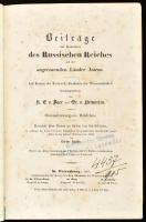 Baer, [Karl Ernst von] - Helmersen, [Gregor von]: Beiträge zur Kenntniss des Russischen Reiches und der angränzenden Länder Asiens. Dreiundzwanzigstes Bändchen. (23. köt.) Berichte über Reisen im Süden von Ost-Sibirien im Auftrage der Kaiserlichen Russischen Geographischen Gesellschaft ausgeführt in den Jahren 1855 bis incl. 1859 von Gustav Radde. St. Petersburg, 1861, Kaiserlichen Akademie der Wissenschaften, XXII+(2)+719+(1) p. Német nyelven. Átkötött félvászon-kötésben, a borítón és a gerincen sérülésekkel, helyenként foltos lapokkal, régi intézményi bélyegzővel.