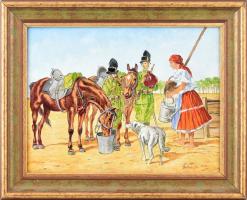 Bartus Csaba (?-): Lovas csendőrök menyecskével a kútnál. Olaj, vászon. Jelezve jobbra lent. Reprodukálva a festőművész honlapján. Dekoratív fakeretben. 30x40 cm