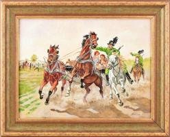 Bartus Csaba (?-): Csendőrök megállítanak egy lovaskocsit. Olaj, vászon. Jelezve jobbra lent. Reprodukálva festőművész honlapján. Dekoratív fakeretben. 30x40 cm