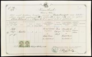 1878 Budapest, Keresztlevél pecséttel és okmánybélyeggel