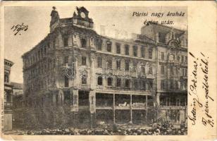 1903 Budapest VI. Párisi Nagy Áruház égése után, Sternberg üzlete. Löbl Dávid és fia kiadása (EK)