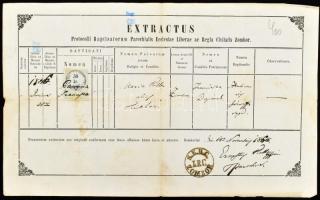 1864 Zombor, latin nyelvű keresztlevél/születési anyakönyvi kivonat pecséttel és okmánybélyeggel