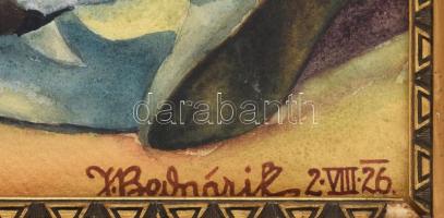 J Bednárik jelzéssel: Kislány bohóccal. Akvarell, papír, sérült. Dekoratív, sérült fakeretben. 61x42...