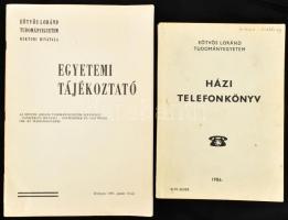 1986-1991 2 db ELTE kiadvány: Házi telefonkönyv 1986. + Egyetemi tájékoztató. Az Eötvös Loránd Tudományegyetem - tanszéki és hivatali - egységeinek és vezetőinek cím- és telefonjegyzéke. Bp., 1991, ELTE Sokszorosítóüzem-ny., 49+(3) p. Kiadói tűzött papírkötés. Megjelent 900 példányban.