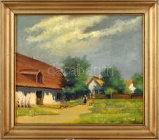 Csiszár J jelzéssel: Virágos udvar. Olaj, karton. 38x44 cm. Dekoratív, sérült fakeretben.