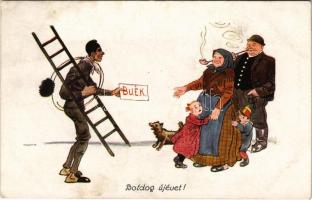 1919 Boldog új évet! kéményseprő / New Year greeting, chimney sweeper s: Pólya Tibor