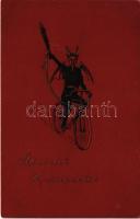 1913 Üdvözlet a Krampusztól biciklin - dombornyomott / Krampus on bicycle - embossed (fl)