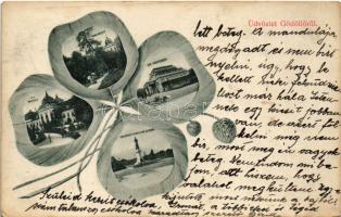 1912 Gödöllő, Királyi kastély és váróterem, park, Erzsébet királyné szobor. Szecessziós lóherés montázs (EK)