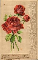 1913 Rózsás üdvözlet. Dombornyomott csipkehatású litho / Roses. Embossed lace-style floral litho greeting (apró szakadás / tiny tear)