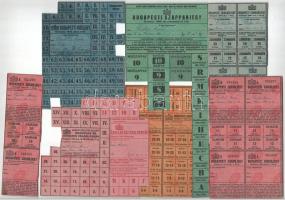 1943-1944. Budapest 8db-os vegyes magyar élelmiszerjegy tétel, közte kenyér, szappan, cukor, burgonya, zsiradék, húsjegy, közellátási szelvényív T:F