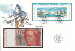 Svájc DN (1979-1980) 10Fr felbélyegzett bankjegyes borítékban, alkalmi bélyegzéssel T:UNC Switzerland ND (1979-1980) 10 Francs banknote envelope with stamp and cancellation C:UNC