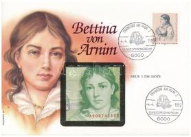 NSZK 1991. 5M "Bettina von Arnim" felbélyegzett borítékban, alkalmi bélyegzéssel T:UNC FRG 1991. 5 Mark banknote in "Bettina von Arnim" envelope with stamp and cancellation C:UNC