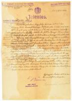 1936 Nyíregyháza, rendőrségi jelentés huszár főhadnagy gépkocsival elkövetett gyorshajtása ügyében, fejléces papíron, foltos, hajtásnyommal