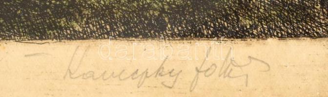 Kaveczky Zoltán (1897-1965): Tiszaparti fűzfák. Rézkarc, papír, jelzett. Üvegezett, dekoratív fakere...