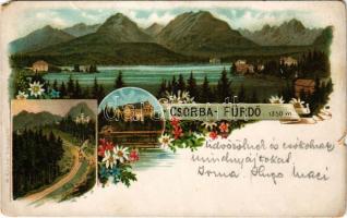 1898 (Vorläufer) Tátra, Magas-Tátra, Vysoké Tatry; Csorba-tó, Csorba-fürdő, fogaskerekű vasút / Strbské pleso / Csorba am See / lake, cogwheel railway, train. M. Kuschel. Art Nouveau, floral, litho (Rb)