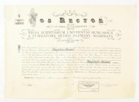 1941 Bp., a Kir. M. Pázmány Péter Tudományegyetem által kiállított jogtudományi doktori diploma, rajta sipeki Balás Károly (1877-1953), a Jog- és Államtudományi Kar dékánjának autográf aláírásával, 10P okmánybélyeggel, felzetes szárazpecséttel. Feltekerve, néhány kis folttal, okmánytartó hengerben, 76x54 cm