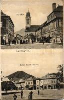 Nagybánya, Baia Mare; Híd utca, piac, Fő tér keleti oldala, Singer Jakab bor raktára, Frenkel, Platthy, Rosenfeld és Mandl, Herskovits J. és T., Kindris üzlete. Kovács Gyula kiadása / street, square, shops, market (EK)