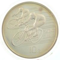 Kína 1990. 10Y Ag "1992. Nyári Olimpia, Barcelona - Kerékpározás" T:PP patina, ujjlenyomat, fo. China 1990. 10 Yuan "1992 Summer Olympics, Barcelona - Cycling" C:PP patina, fingerprints, spot Krause KM#300