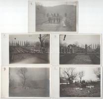 1916 Orsova, Dunai átfeszítő oszlop építése, lehorgonyzáshoz való feszítőbak beállítása - 5 db eredeti fotó képeslap márciusból / construction of the column carrying electric current across the Danube river - 5 original photo postcards