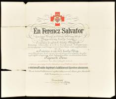 1915 A "Vörös Kereszt II. osztályú Díszjelvénye hadiékítménnyel" kitüntetés adományozó oklevele, Trajánovits János, az erzsébetvárosi Vöröskereszt fiókegylet elnöke részére, "a katonai egészségügy körül a háboruban szerzett különös érdemei elismeréséül", Habsburg-Toscanai Ferenc Szalvátor főherceg (1866-1939) nyomtatott aláírásával, dombornyomott címerrel díszítve. Hajtva, szakadásokkal, 51x42,5 cm