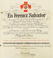 1915 A "Vörös Kereszt II. osztályú Díszjelvénye hadiékítménnyel" kitüntetés adományozó okl...