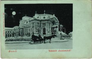 1900 Kecskemét, színház este télen, lovas szán. Divald Károly 297. (EK)