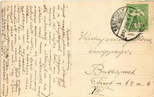 1912 Hévízfürdő, Fürdőbejárat. Humoros montázs mérkezéskor-elutazáskor, Marton Mór kiadása