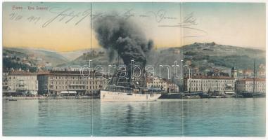 1909 Fiume, Rijeka; Riva Szapáry - 3-részes kinyitható panorámalap / 3-tiled folding panoramacard + &quot;SÁROSMÁRIAVÖLGY POSTAI ÜGYN.&quot;