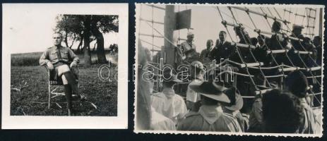 cca 1930-1940 Cserkészvezető széken ülve a szabadban, valamint hajó fedélzetén, tengerészek és cserkészek társaságában beszédet mond. 2 db fotó, 9,5x6,5 cm és 6,5x6,5 cm