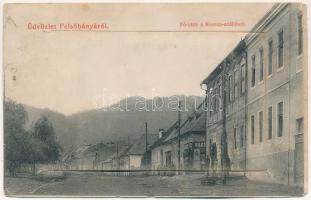 1909 Felsőbánya, Baia Sprie; Fő utca, Korona szálló, vendéglő és étterem, Dácsek Péter üzlete és saját kiadása, leporellolap 10 képpel közte a vasútállomás, bánya és címer / main street, hotel and restaurant, shop. Leporellocard with 10 images (railway station, coat of arms, mine)