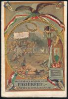 cca 1918 Istennel Királyért és Hazáért! Dicsőséges küzdelmünk emlékére vitéz katonáinknak. Kiadja: A m. kir. budapesti I. honvéd kerület lábadozó osztag jótékonysági bizottsága. Bp., Kunossy Műintézet-ny., 14+(2) p. Hazafias, buzdító, propaganda kiadvány, amely a háború kitöréséért Oroszországot okolja (,,a bűnnek valódi szerzője és kigondolója: Oroszország"). A borítón színes illusztrációval (szign.: Bernáth). Kiadói tűzött papírkötés, jó állapotban, a borító és a címlap minimálisan foltos. Ritka!