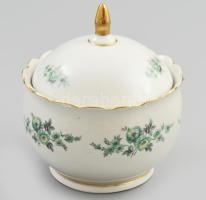 Hollóházi zöld virágmintás bonbonier, jelzéssel, kis kopással, matricás, m: 13,5 cm