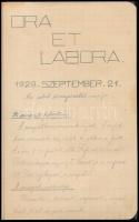 1929 -1930 ,,Cserkész napló", Bozó Gyula (1913-2004) éremtervező, grafikus fiatalkori, kézzel írt cserkészeti témájú feljegyzései (csapatfelosztás, rangok, tudnivalók, dalok, stb.), 1929. szept. 21. - 1930. márc. 21., kb. 50-60 beírt oldal füzetben, 18x12 cm.