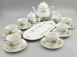 Hollóházi Erika mintás teás készlet + szendvicses tál + gyertyatartó pár. Matricás virágmintával díszített, jelzett, minimális kopottsággal.