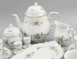 Hollóházi Erika mintás teás készlet + szendvicses tál + gyertyatartó pár. Matricás virágmintával dís...