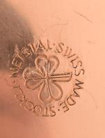 Svájci réz ágymelegítő, jelzéssel, kopással, 27x19 cm