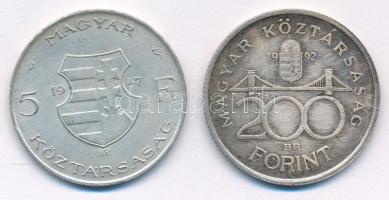 1947. 5Ft Ag "Kossuth" + 1992. 200Ft Ag "MNB" T:XF,VF patina