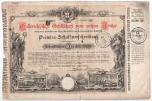 Ausztria / Bécs 1882. "Osztrák Vöröskereszt" 10K értékű kötvénye szárazpecséttel, bélyegzésekkel T:F,VG tears Austria / Vienna 1882. "Oesterreichische Gesellschaft vom Rothen Kreuze" (Red Cross) premium debenture about 20 Corona with embossed stamp and cancellation C:F,VG tears