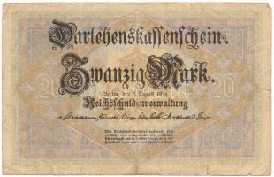 Német Birodalom 1914. 20M hatjegyű sorszámmal "684913" T:VG szakadások German Empire 1914. 20 Mark with six digit serial "684913" C:VG tears Krause #48a